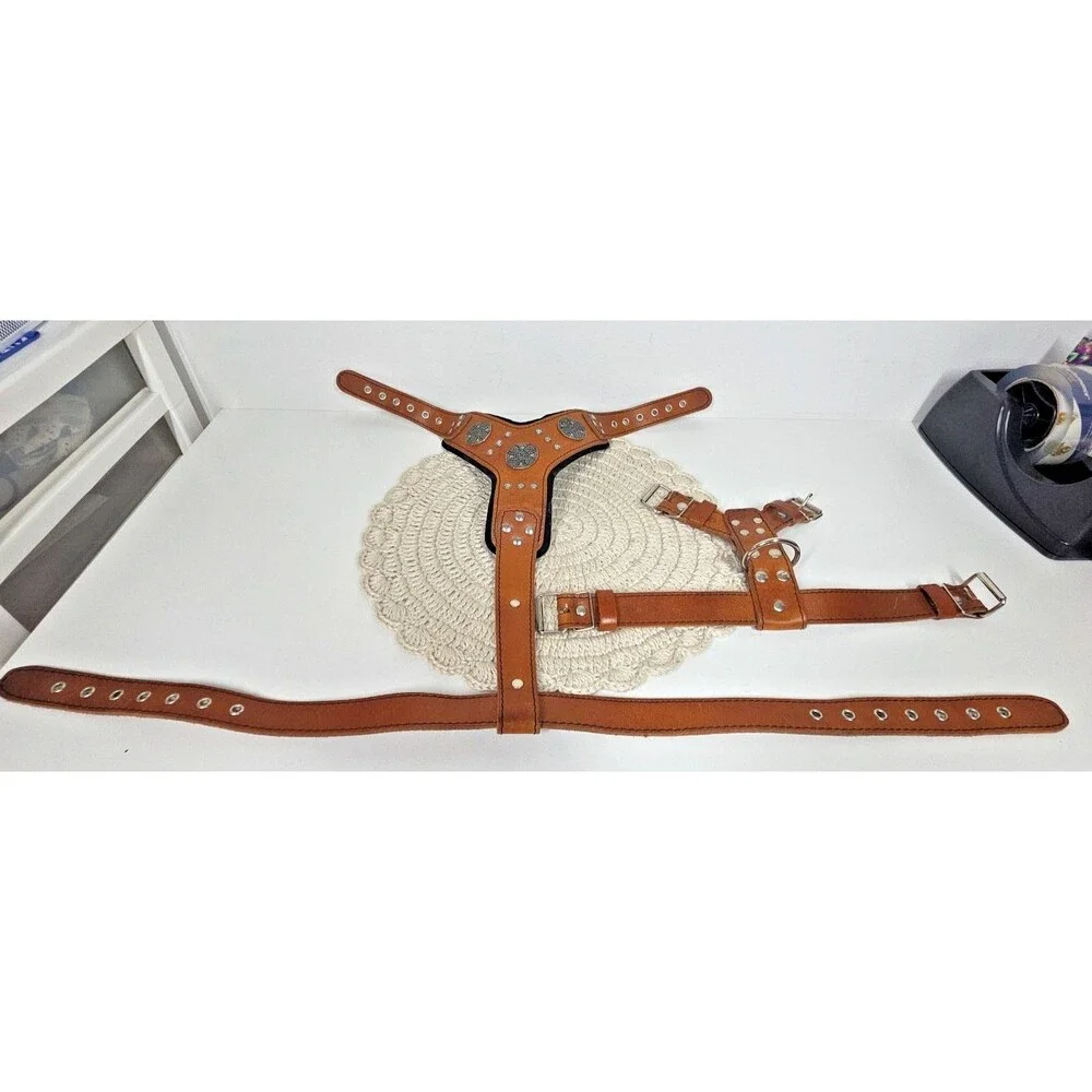 BESTIA The ''Maximus'' Dog Collar Harness Genuine Leather Brown Silver S-M EUC *